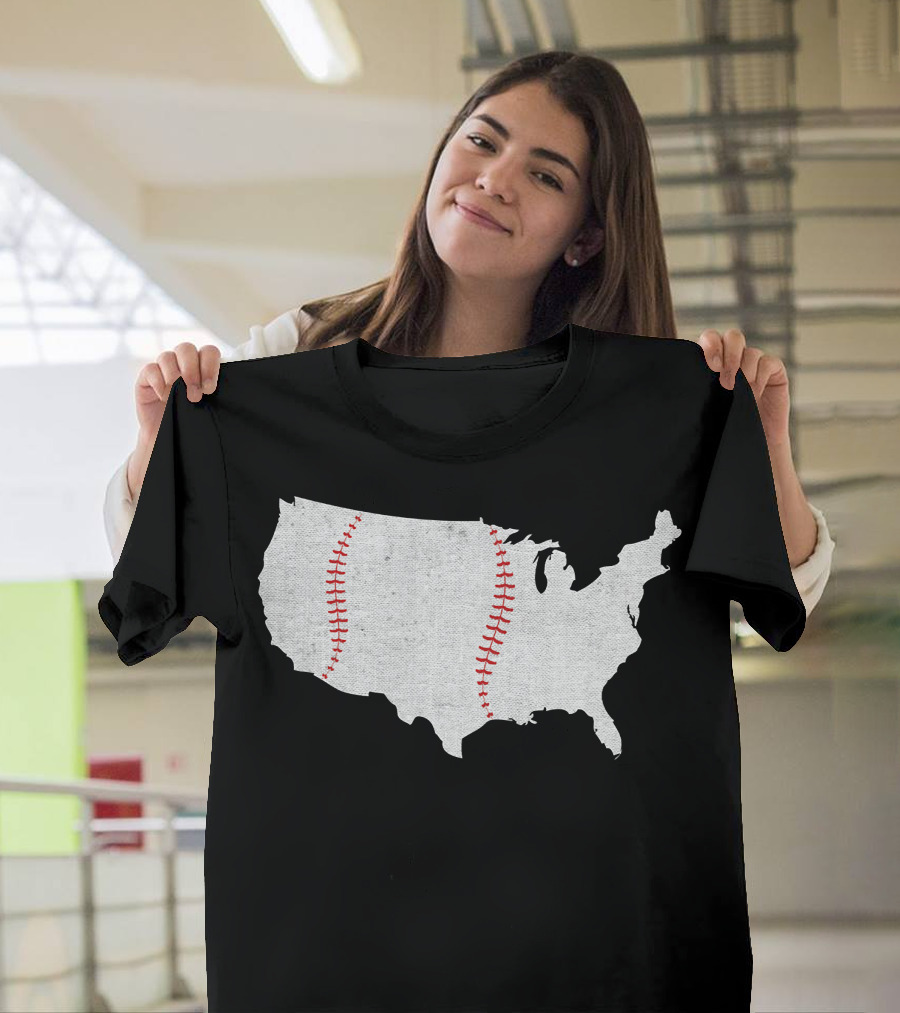 Baseball America's Pastime USA Map Stitching T-Shirt
