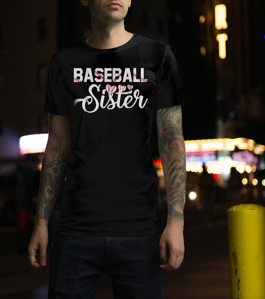 Baseball Sister With Heart Baseball Stitching Elements T-Shirt