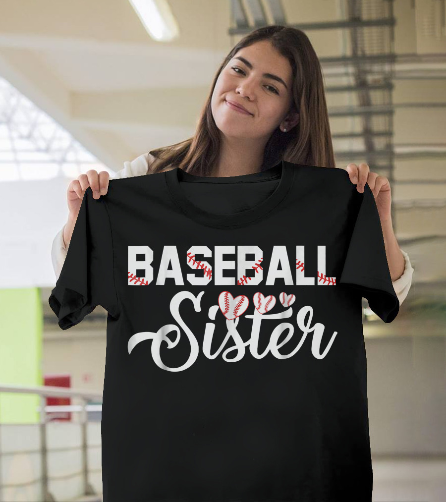 Baseball Sister with Heart Baseball Stitching Elements T-Shirt