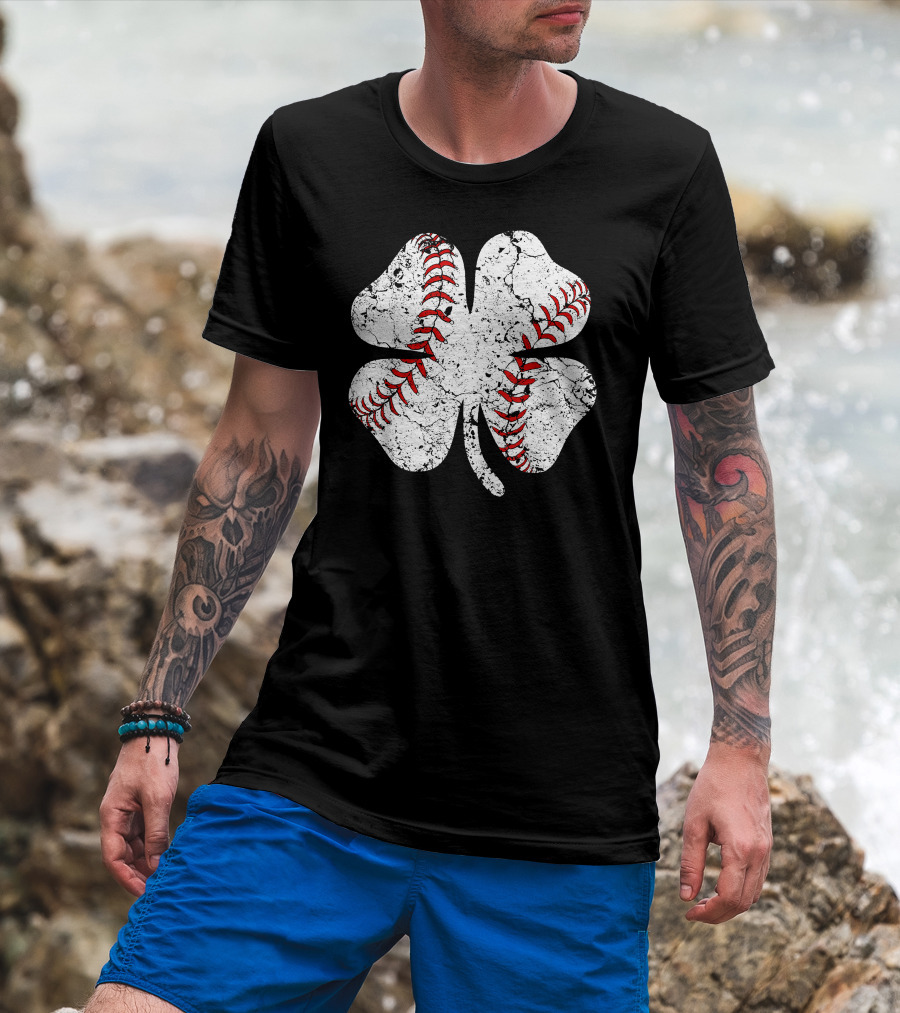 Baseball St Patricks Day Clover Stitching T-Shirt