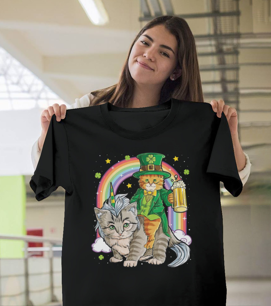 St. Patrick's Day Cat Riding Unicorn with Rainbow and Beer T-Shirt