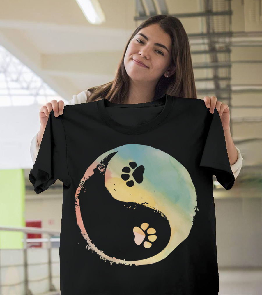Yin Yang Dog Paw Balance Symbol with Pastel Color Background T-Shirt