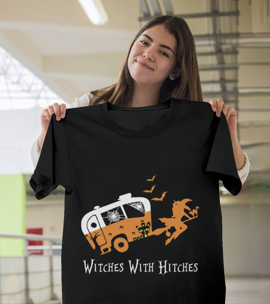 Witches With Hitches Halloween Camper Moon Festival Bats Pumpkins T-Shirt