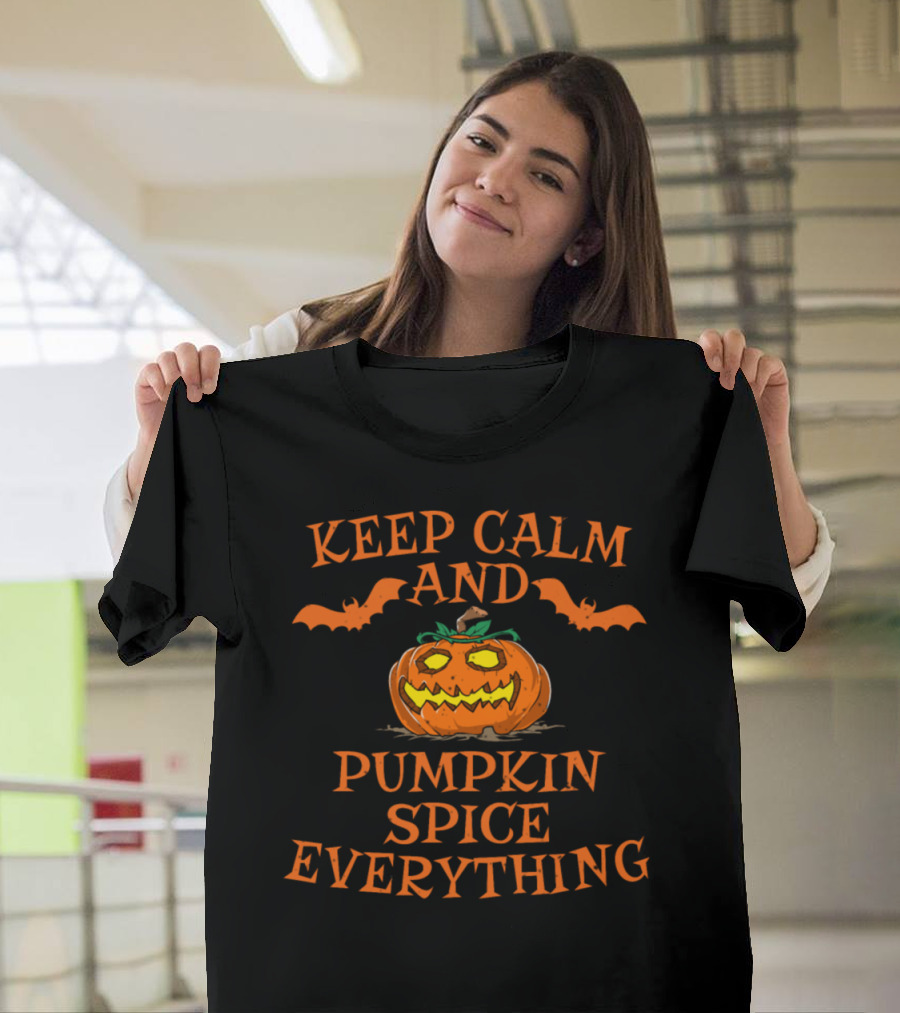 Keep Calm And Pumpkin Spice Everything With Jack-O'-Lantern And Bats T-Shirt