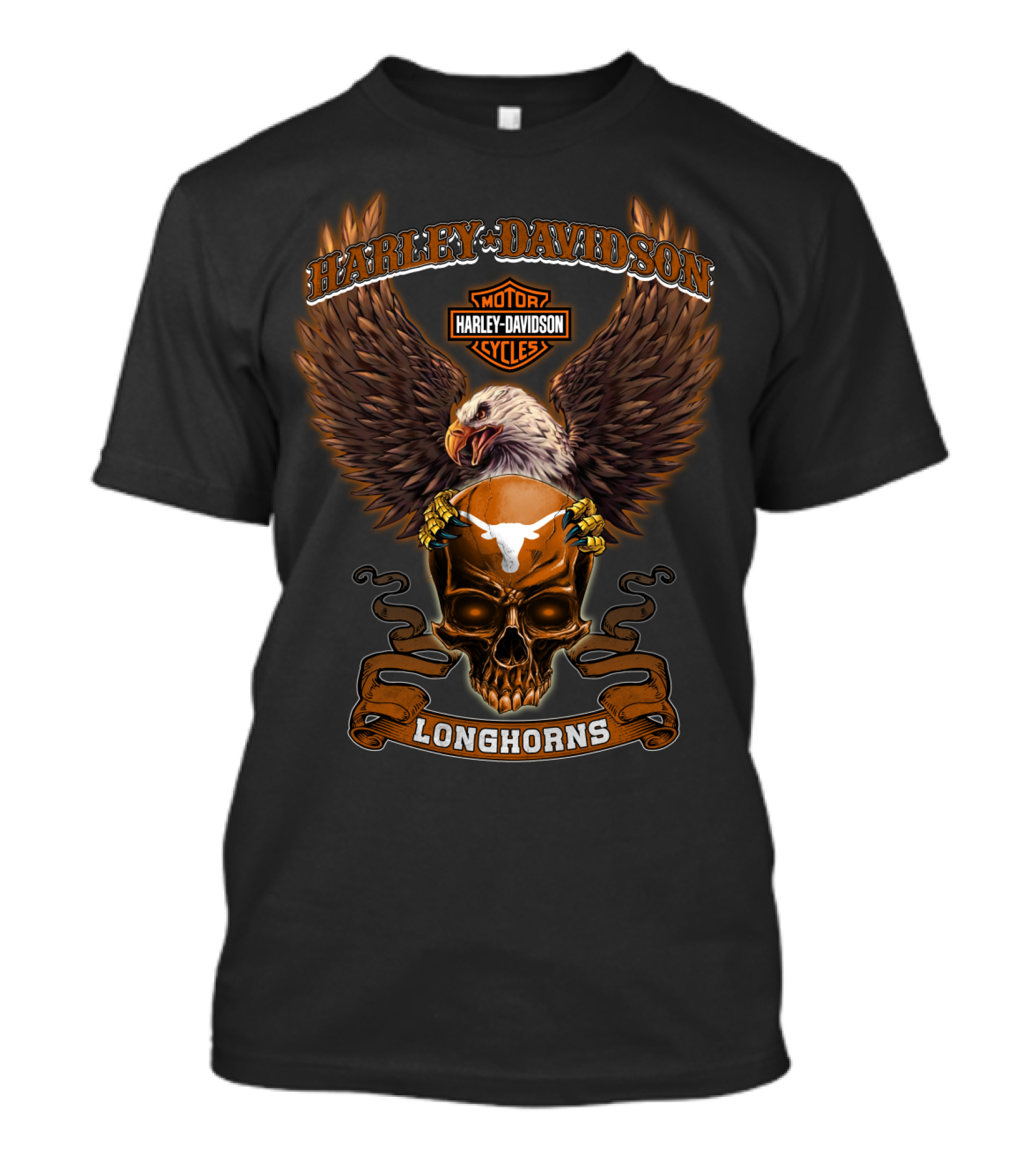 Harley Davidson Motor Cycles Eagle Skull Texas Longhorns T-Shirt