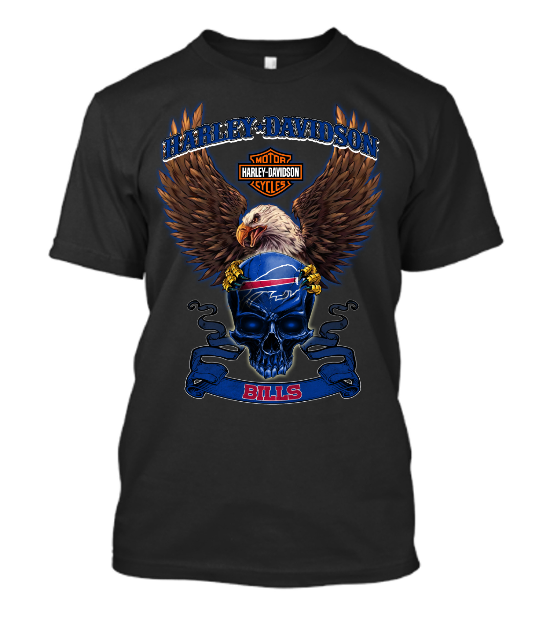 Harley Davidson Motor Cycles Buffalo Bills Skull Eagle Wings T-Shirt