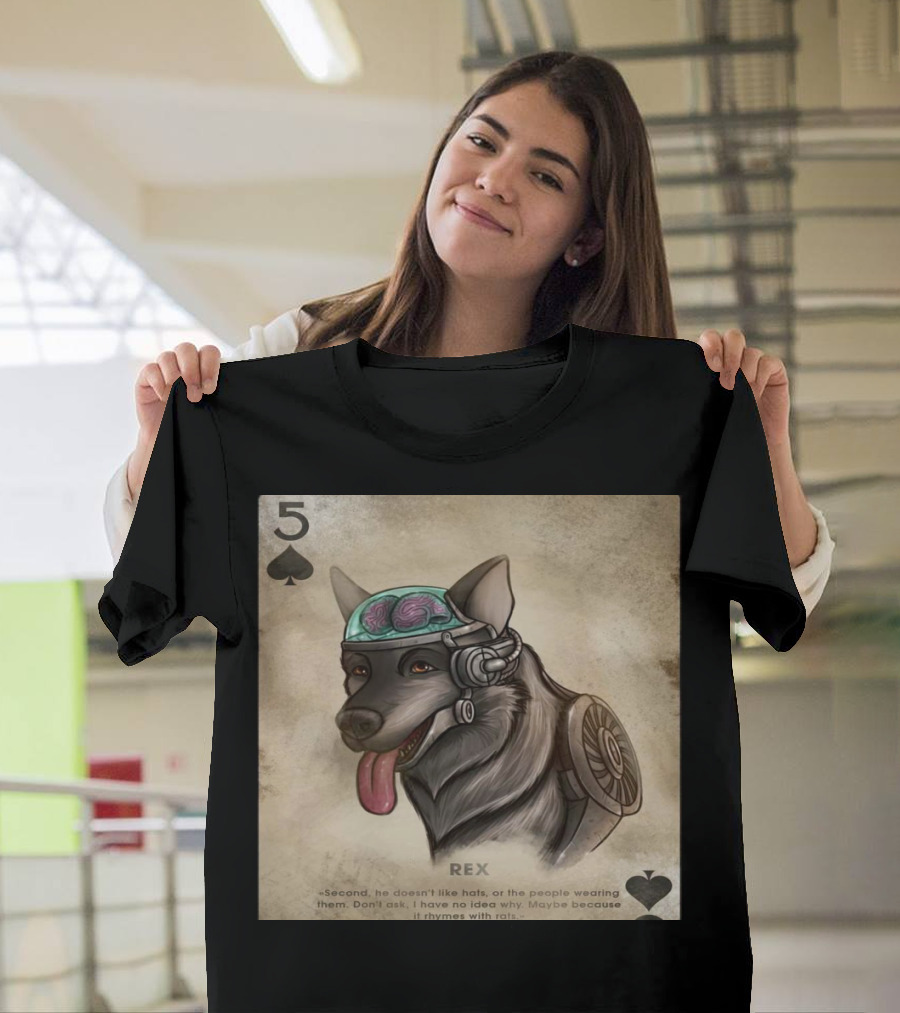 5 of Spades Rex Dog Brainy Pet with Cybernetic Headgear and Brain T-Shirt