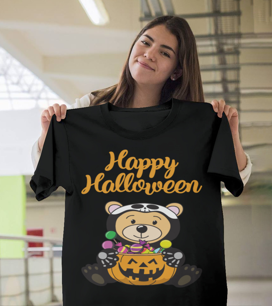 Happy Halloween Bear in Skeleton Costume with Pumpkin and Candy T-Shirt