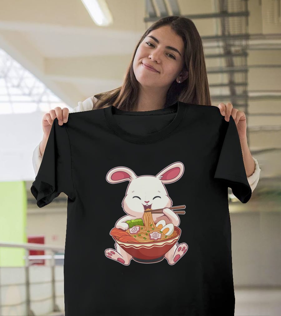 Kawaii Japanese Easter Bunny Eating Ramen Noodles With Egg T-Shirt