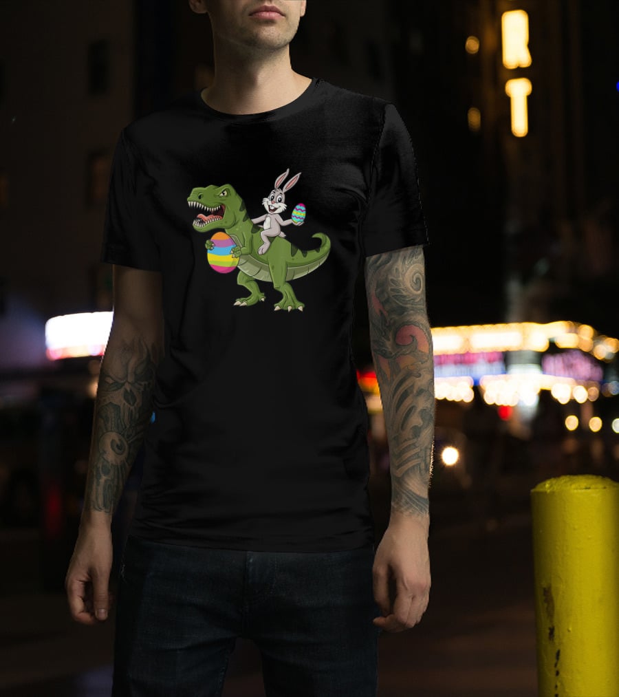 Rabbit Riding T-Rex With Colorful Easter Eggs T-Shirt