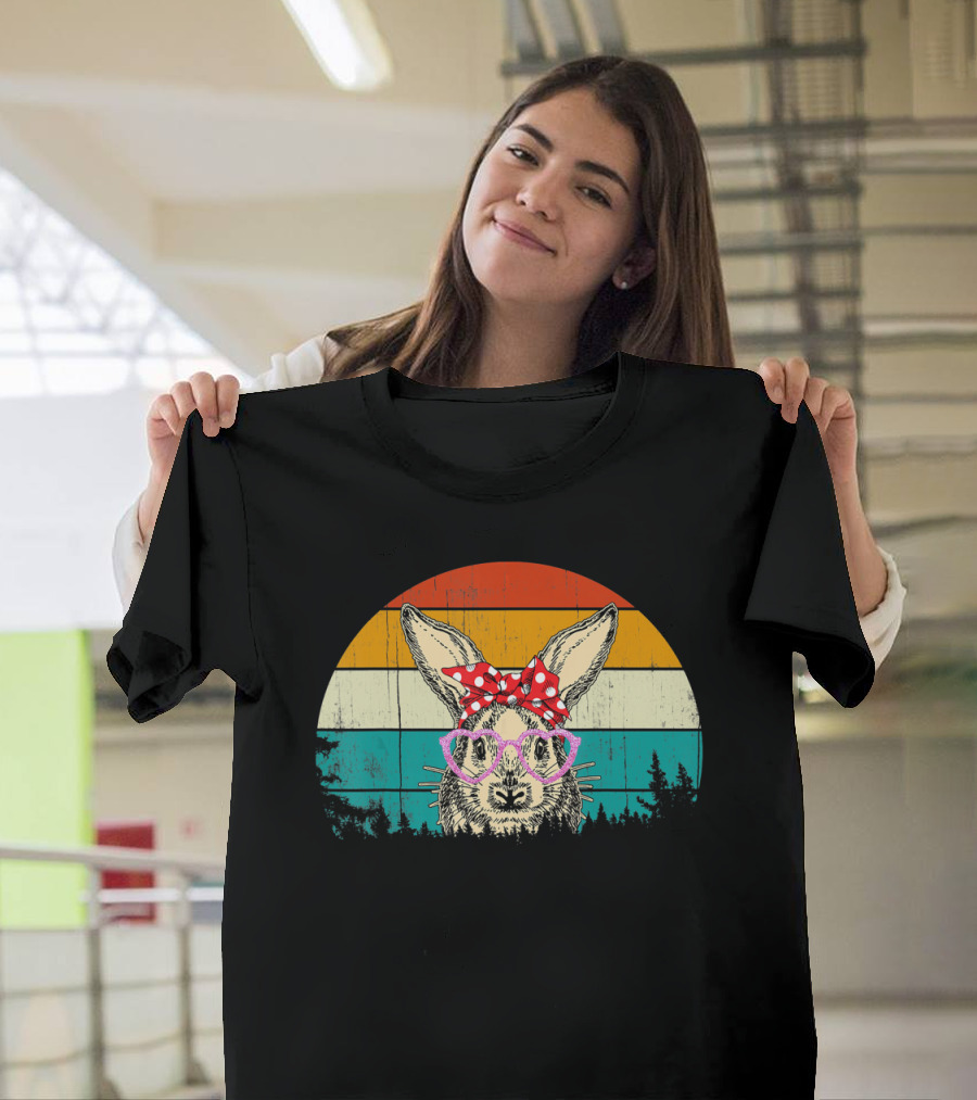 Vintage Bunny Rabbit Pink Glasses Hipster Easter Retro Sunset Bow Tie T-Shirt