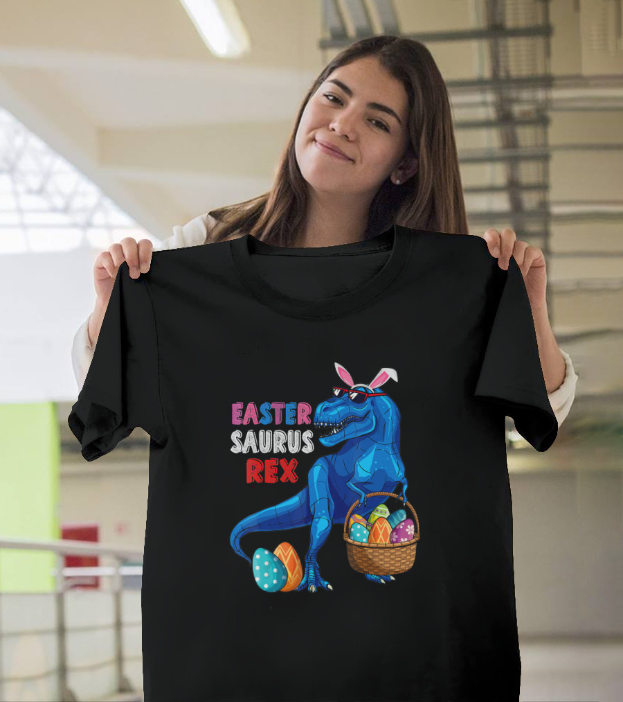 Easter Saurus Rex Dinosaur With Basket Of Eggs T-Shirt