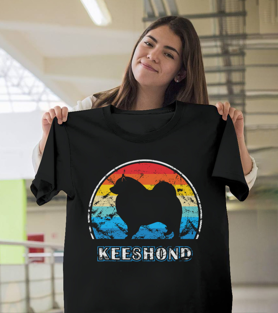 Keeshond Retro Silhouette Rainbow Stripes T-Shirt