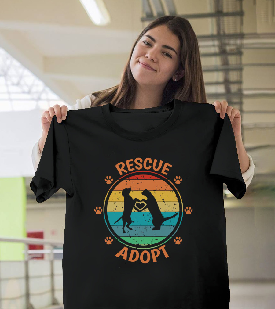 Rescue Adopt Vintage Rainbow Dog Cat Paw Heart T-Shirt
