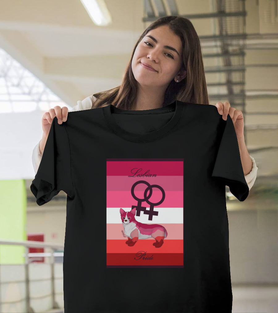 Lesbian Pride Dog with Interlinked Venus Symbols on Flag Background T-Shirt