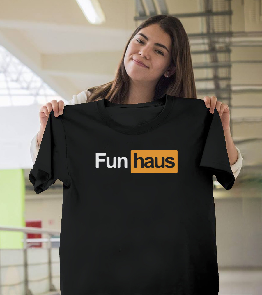 Funhaus White and Orange Text T-Shirt