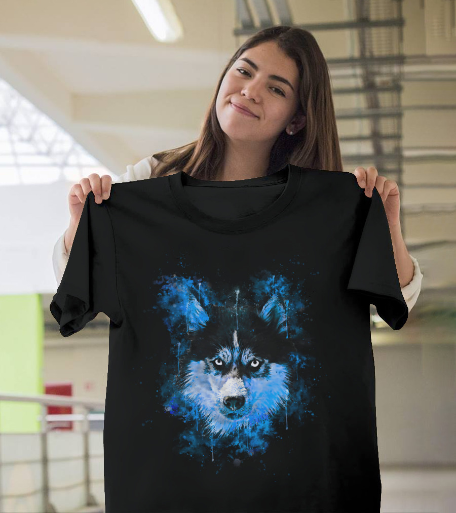 Husky Dog Face Splatter Watercolor Blue T-Shirt