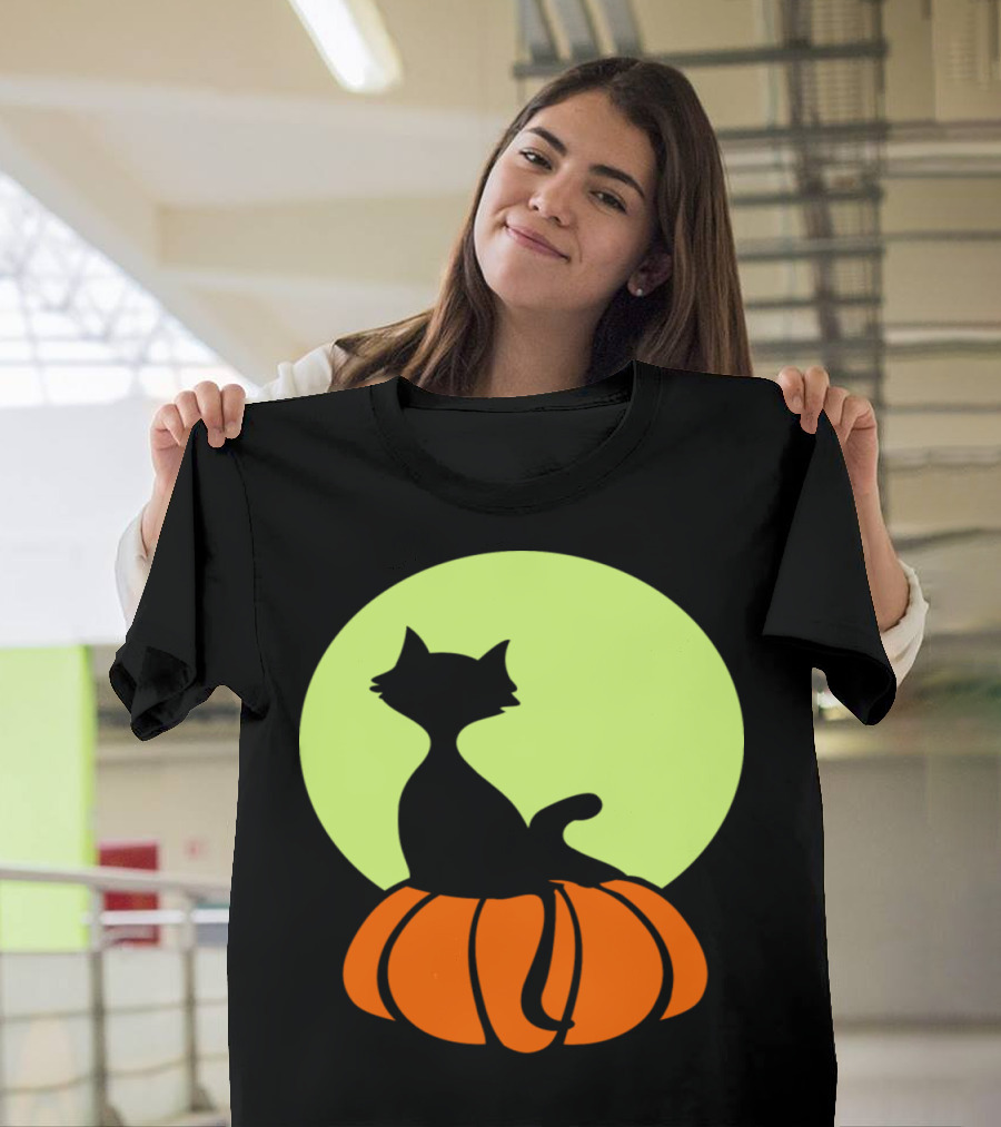 Cat on Pumpkin with Glowing Romantic Moon T-Shirt