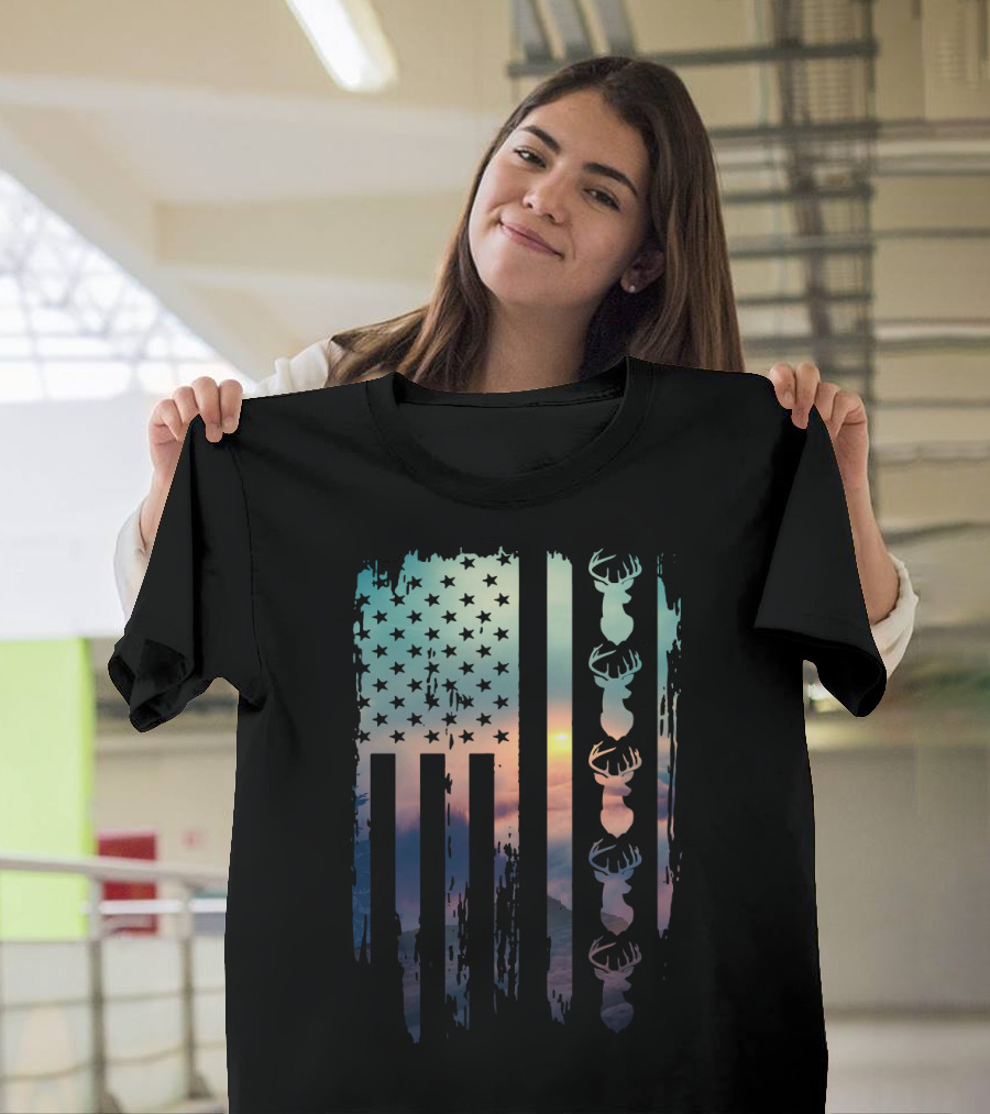 Deer Hunting Enthusiast with American Flag Background and Iconic T-Shirt