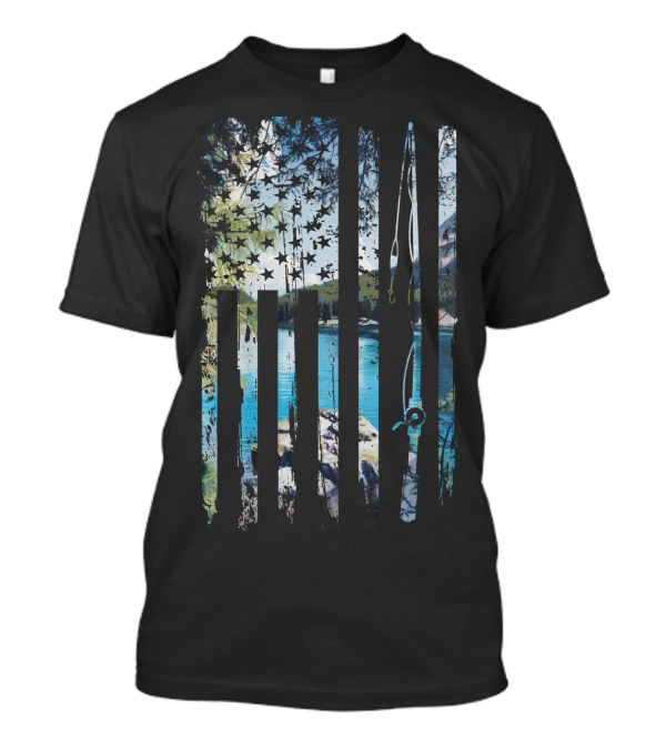US Flag Fishing Rod Lake Scene Patriotic Fishing T-Shirt