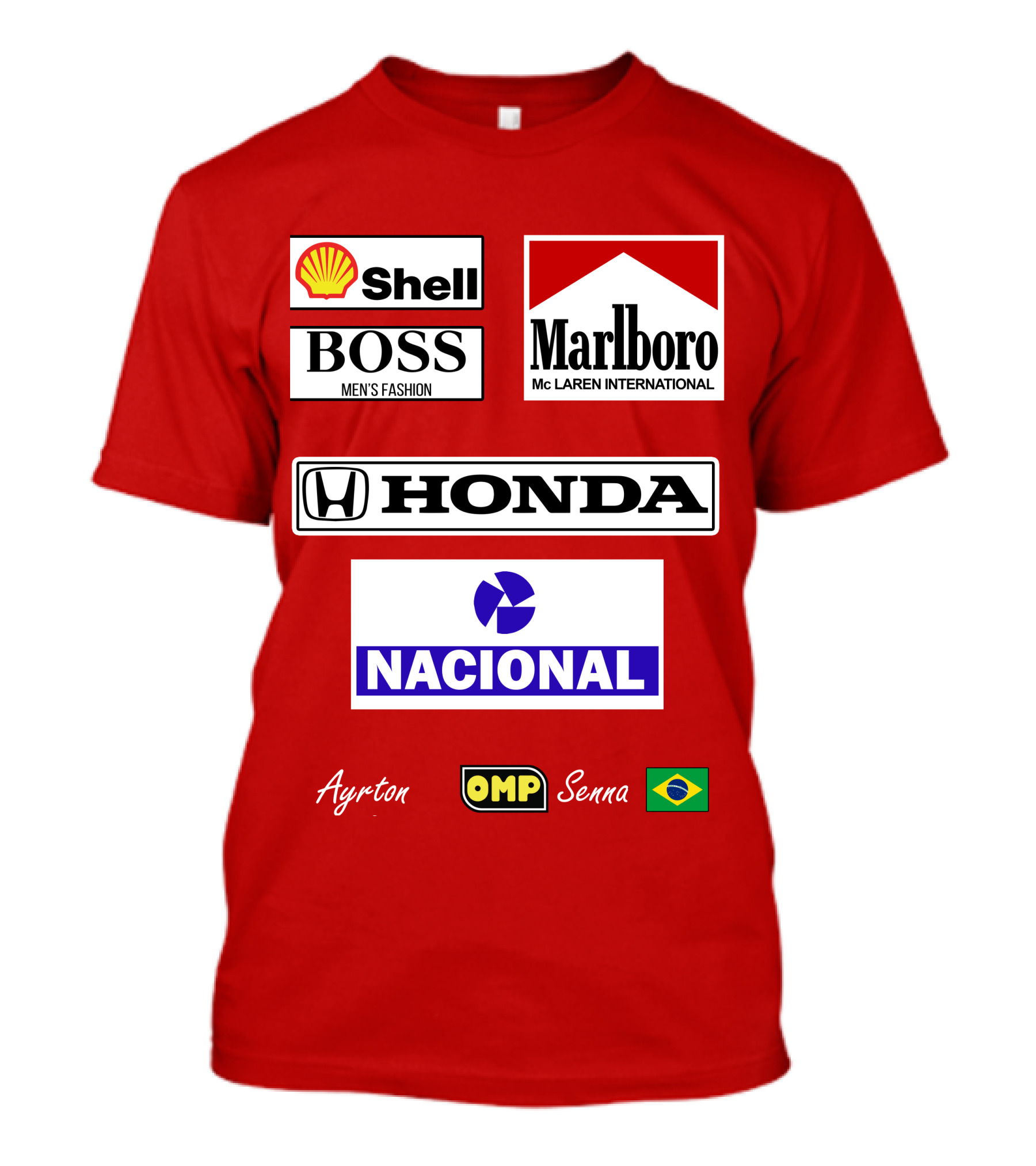 Shell Boss Marlboro McLaren Honda Nacional Ayrton Senna OMP Brazil Flag T-Shirt