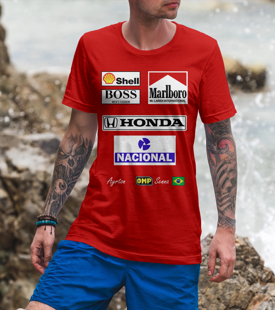 Shell Boss Marlboro McLaren Honda Nacional Ayrton Senna OMP Brazil Flag T-Shirt