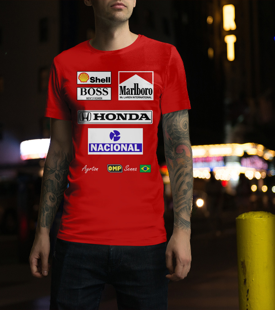 Shell Boss Marlboro McLaren Honda Nacional Ayrton Senna OMP Brazil Flag T-Shirt