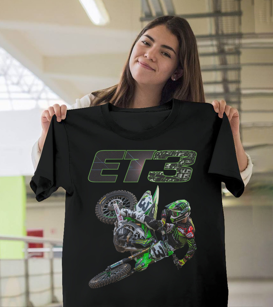 ET3 Motor Cross Rider in Action with Green Racing Gear T-Shirt