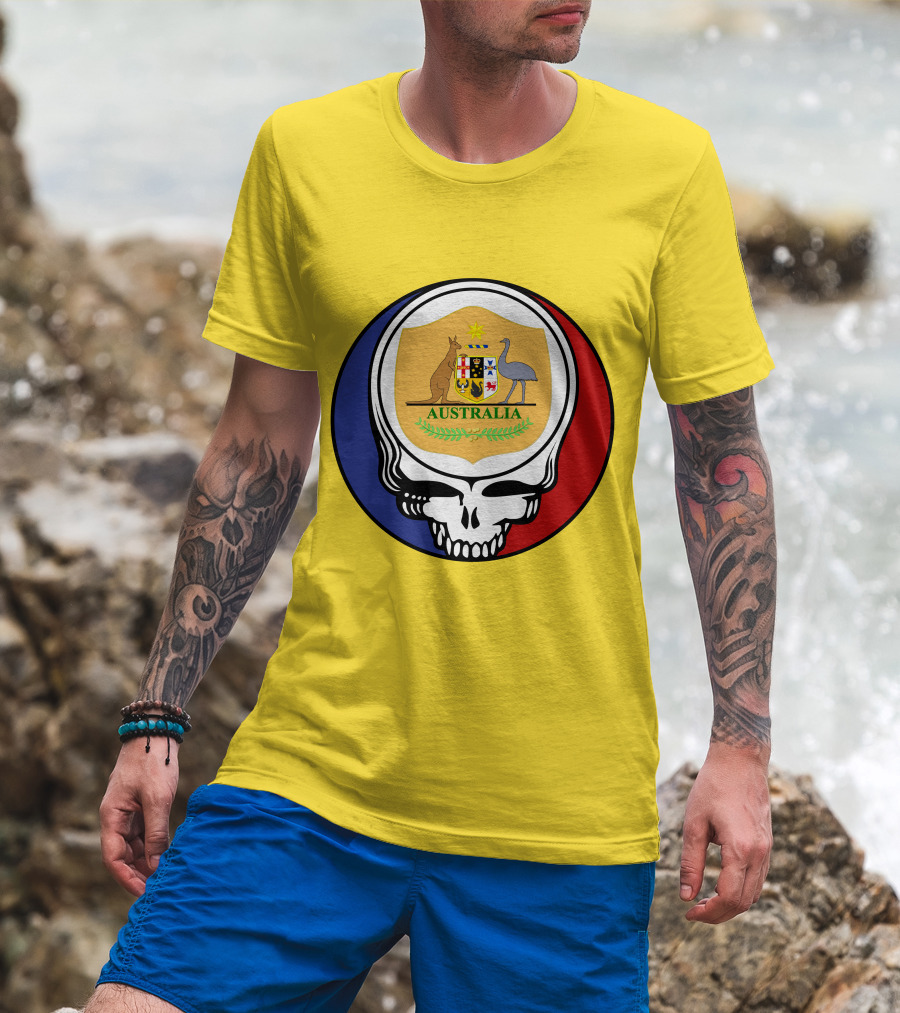 Australia National Football Team Grateful Dead Skull Emblem With Kangaroo And Emu Crest T-Shirt