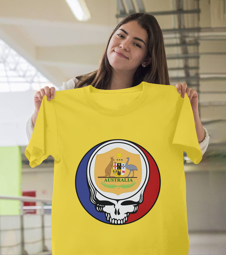 Australia National Football Team Grateful Dead Skull Emblem With Kangaroo And Emu Crest T-Shirt