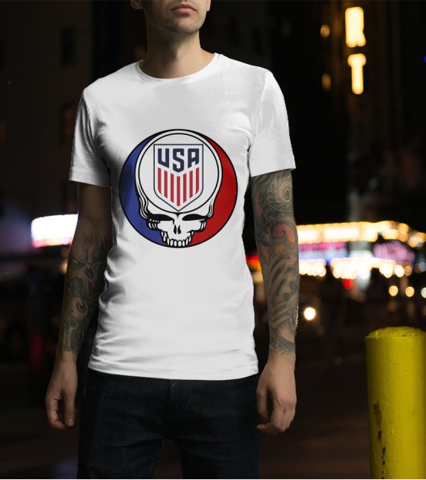 USA Soccer Grateful Dead Skull Logo Red Blue Badge T-Shirt