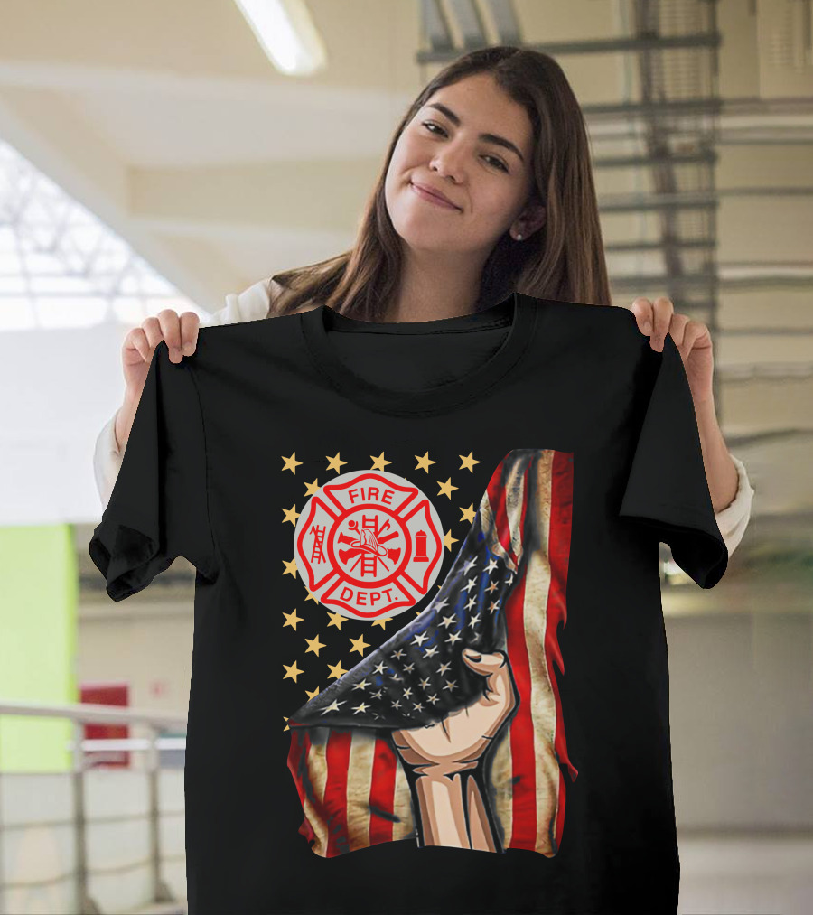 Fire Dept American Firefighter Flag Stars T-Shirt