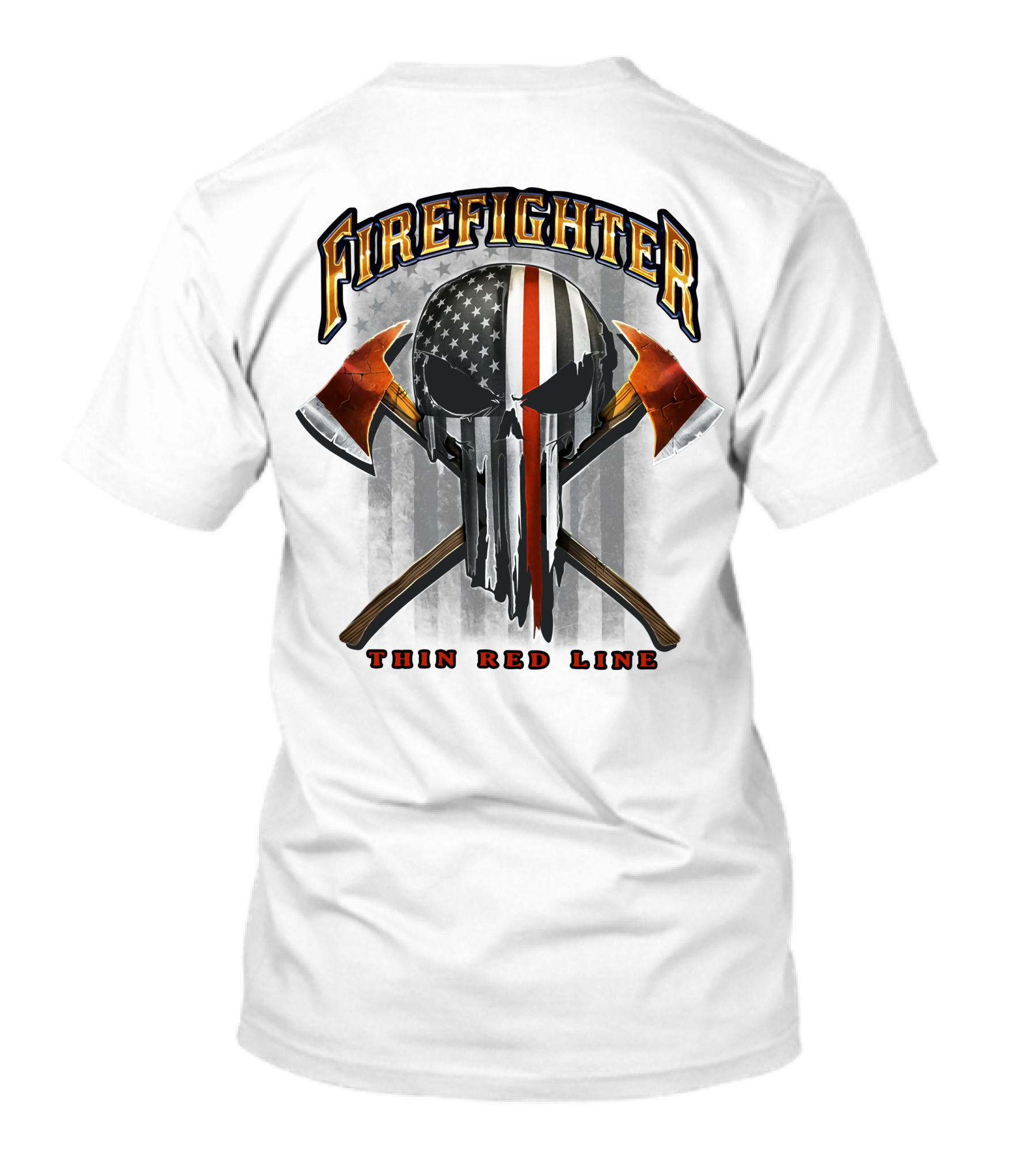 Firefighter Thin Red Line Punisher Skull American Flag Crossed Axes T-Shirt