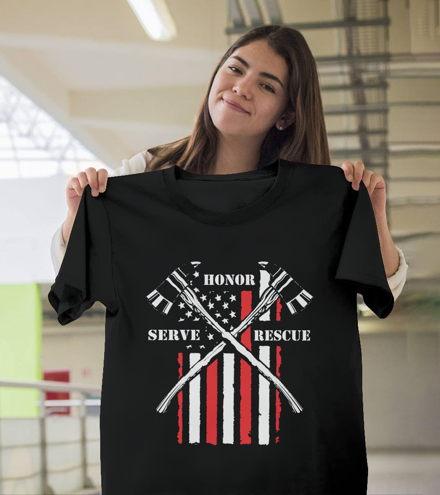 HONOR SERVE RESCUE FIREFIGHTER AXES AND RED STRIPES BACKGROUND T-Shirt