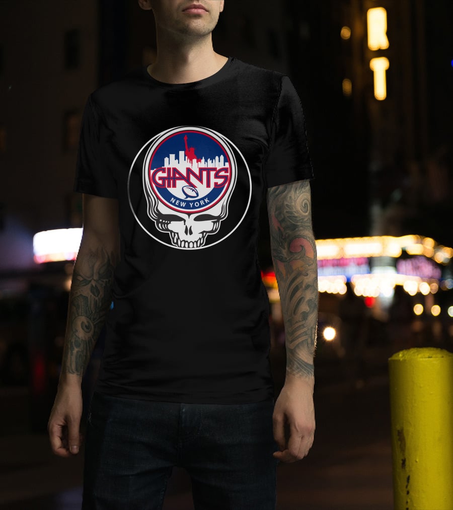 New York Giants GD Skull Logo Statue Of Liberty Skyline Football T-Shirt