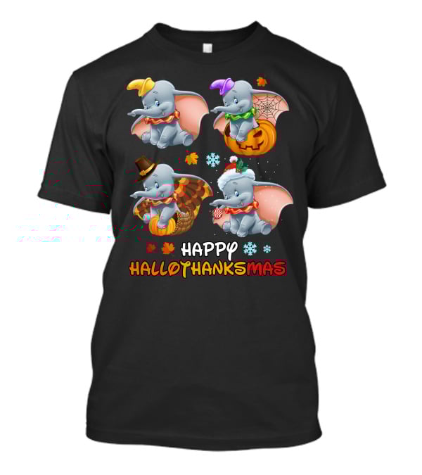Happy Hallothanksmas With Dumbo In Halloween Thanksgiving Christmas Themes T-Shirt