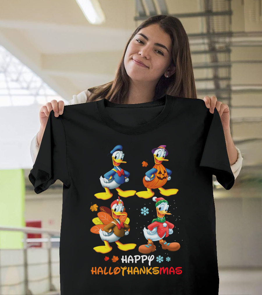 Happy Hallothanksmas Donald Duck Characters Halloween Thanksgiving Christmas T-Shirt