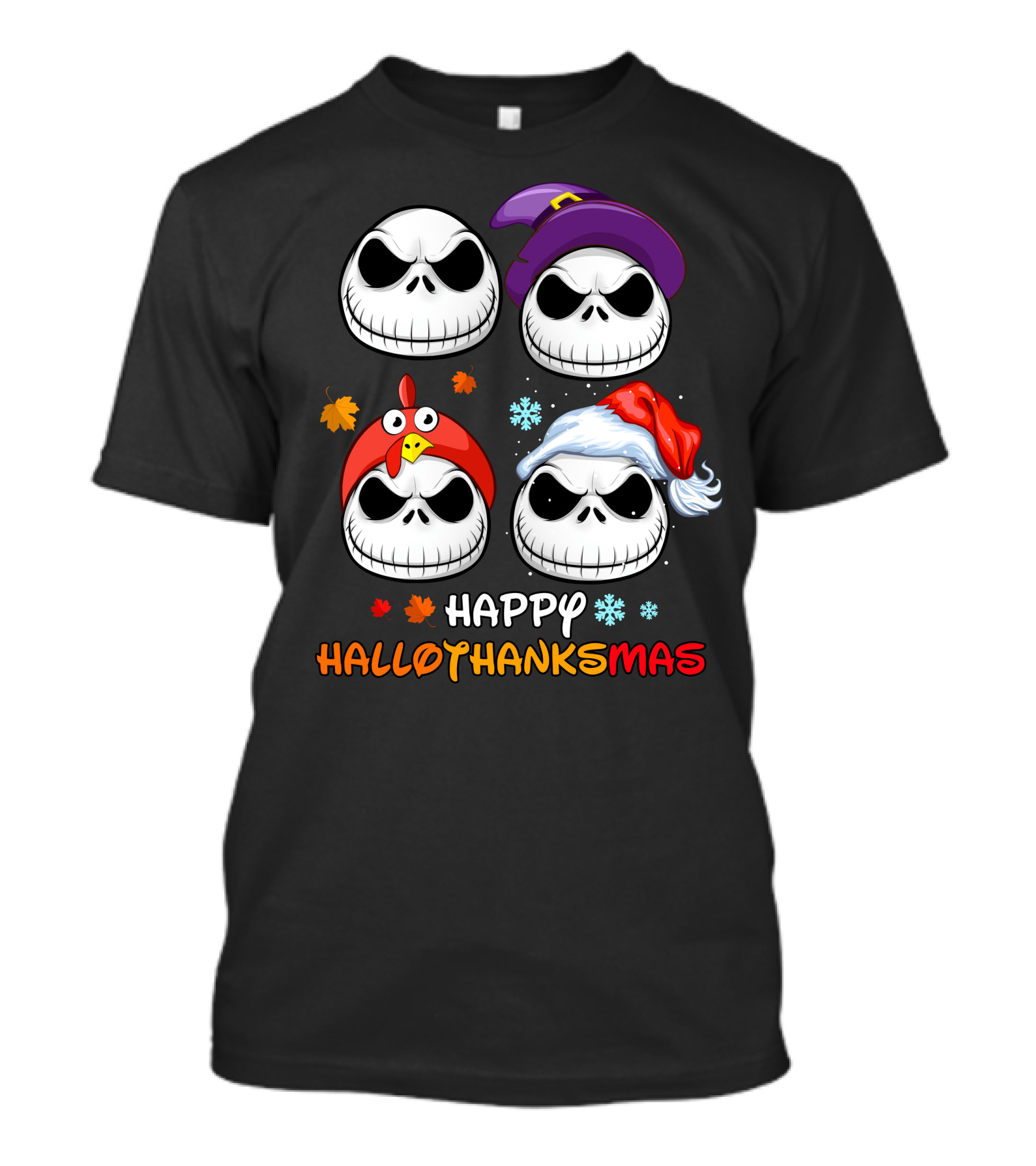 Happy HALLOTHANKSMAS Jack Skellington Faces With Witch Hat Turkey Hat Santa Hat Leaves Snowflakes T-Shirt