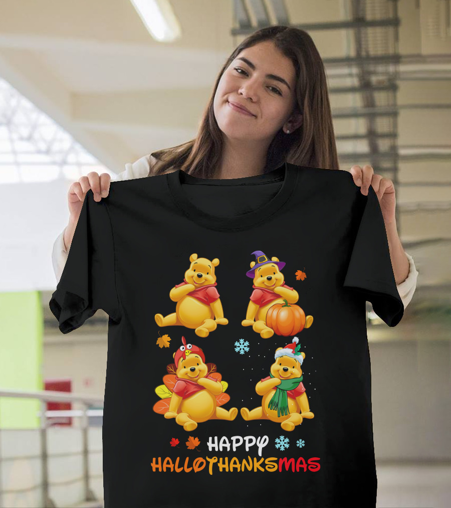 Happy HALLOTHANKSMAS Pooh Bear Autumn Winter Holiday Theme Snowflakes Pumpkins Leaves T-Shirt