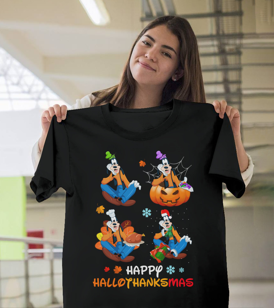 HAPPY HALLOTHANKSMAS Goofy Halloween Thanksgiving Christmas Festive Cartoon Characters T-Shirt