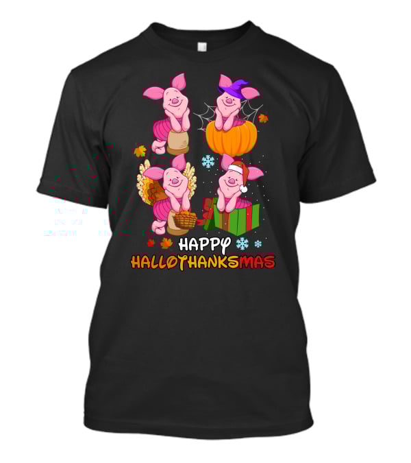 Happy HALLOTHANKSMAS Piglet In Pumpkin Turkey And Gift Box T-Shirt