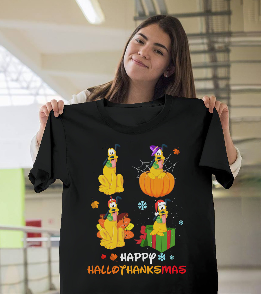 Happy HALLOTHANKSMAS Pluto In Halloween Pumpkin Thanksgiving Leaves Christmas Present Snowflakes T-Shirt