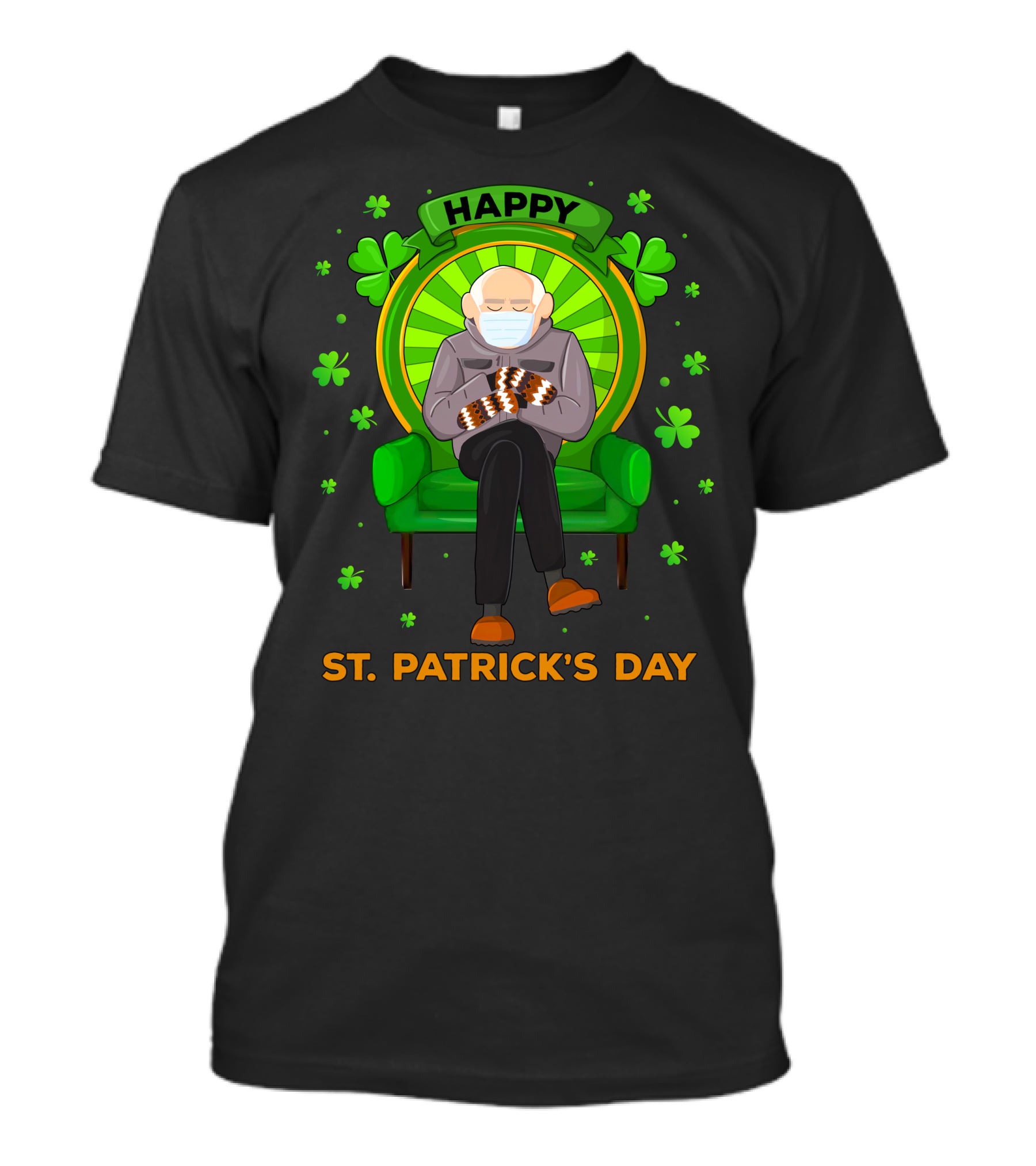 Happy St. Patrick's Day Masked Sitting Man With Mittens Surrounded By Clovers T-Shirt