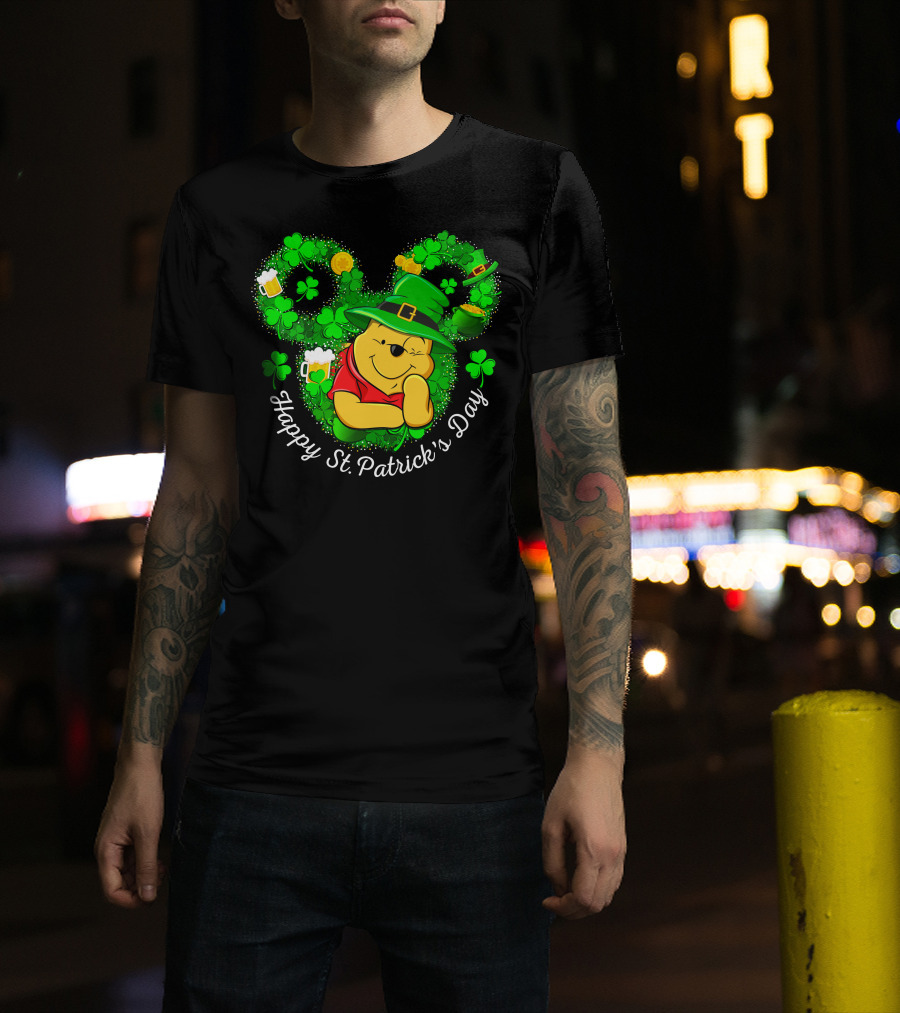 Happy St. Patrick's Day Pooh Shamrocks And Green Hat T-Shirt