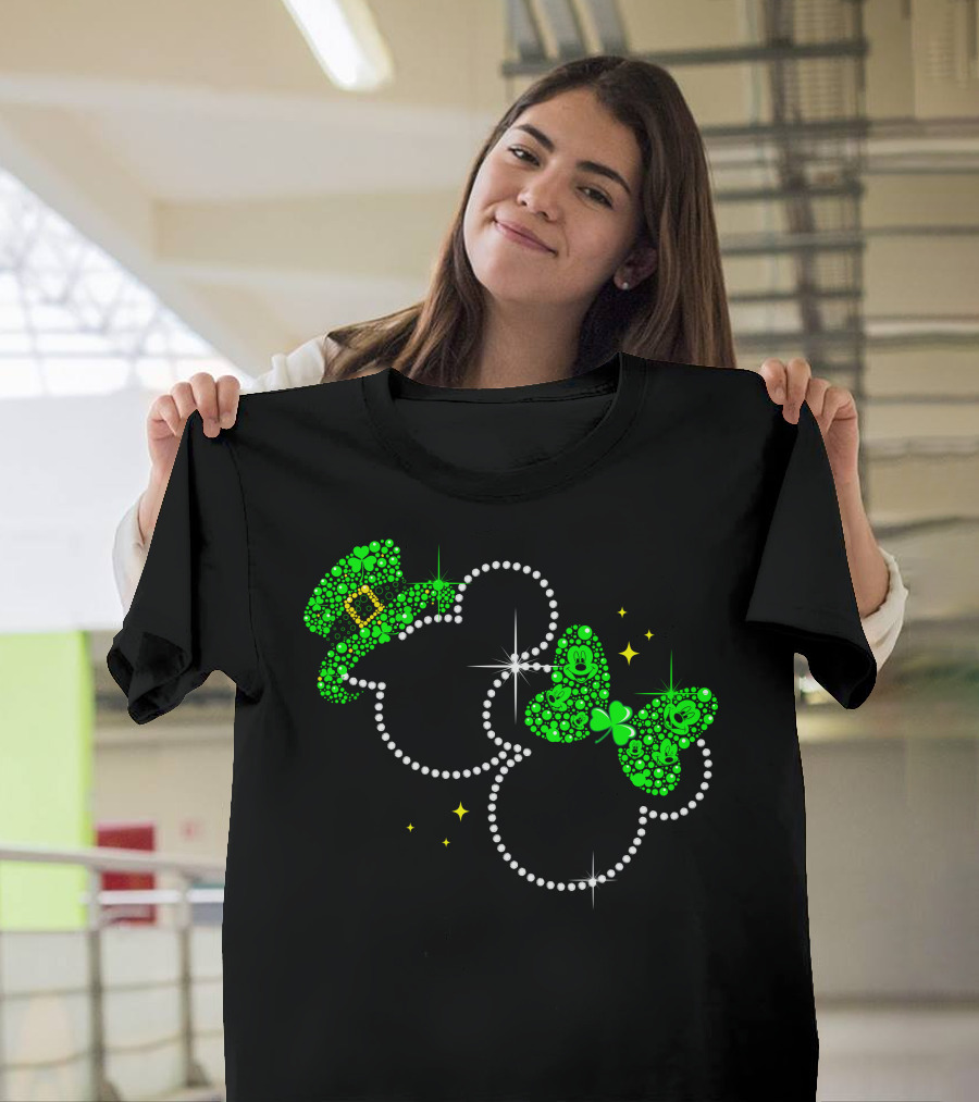 Mickey And Minnie St. Patrick's Day Shamrock Hat And Bow T-Shirt