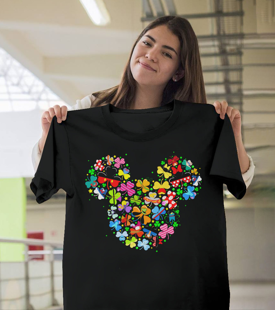 Disney Characters Mickey Mouse Icon Made Of Colorful Bow-Tied Shamrocks T-Shirt