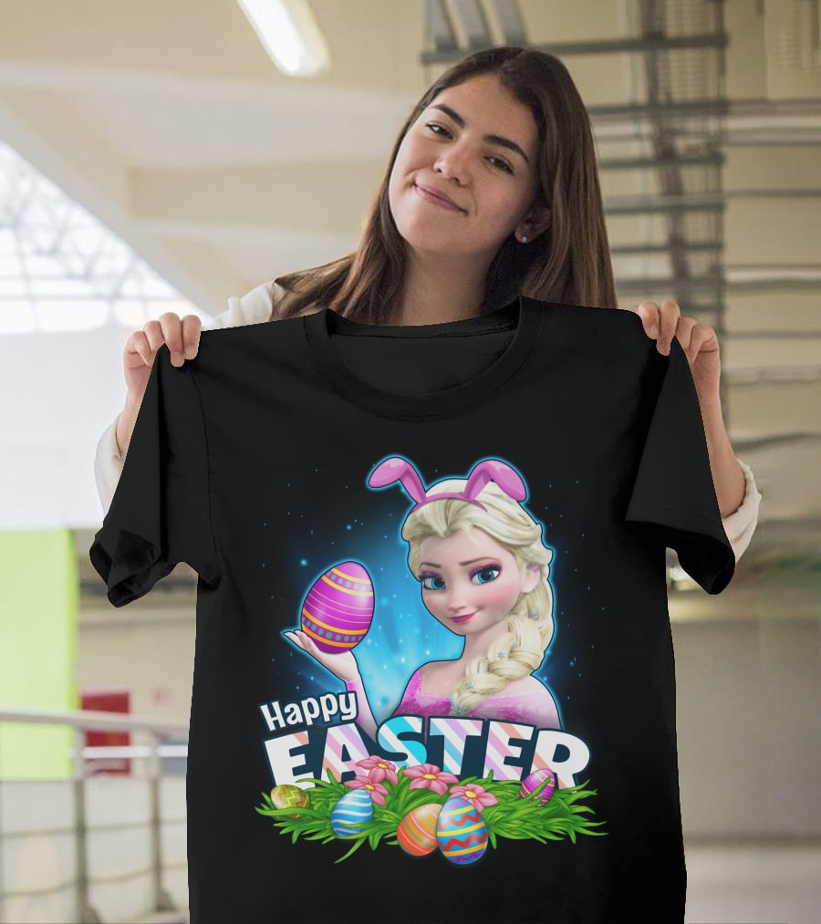 Elsa Happy Easter Bunny Ears And Colorful Eggs T-Shirt