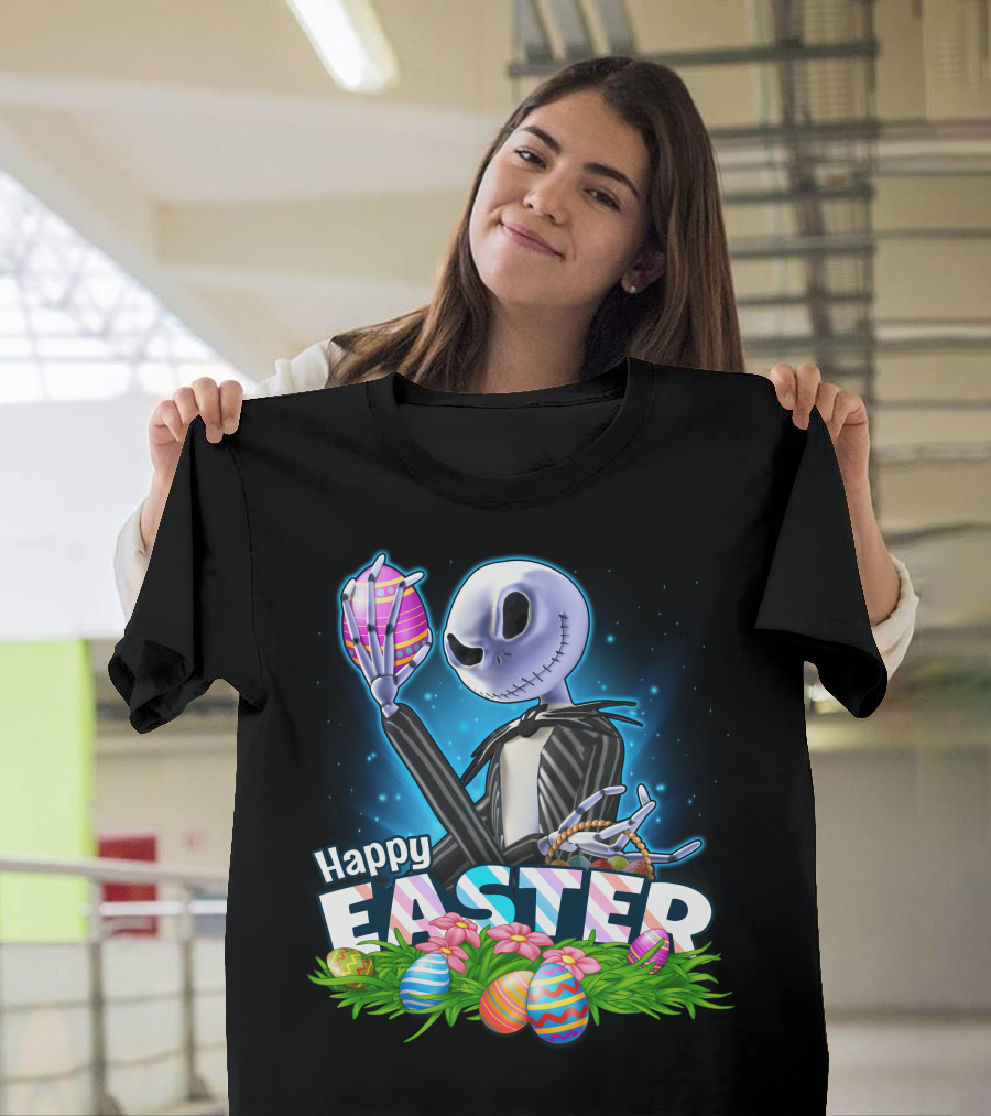 Jack Skellington Easter Celebration With Colorful Eggs And Flowers T-Shirt