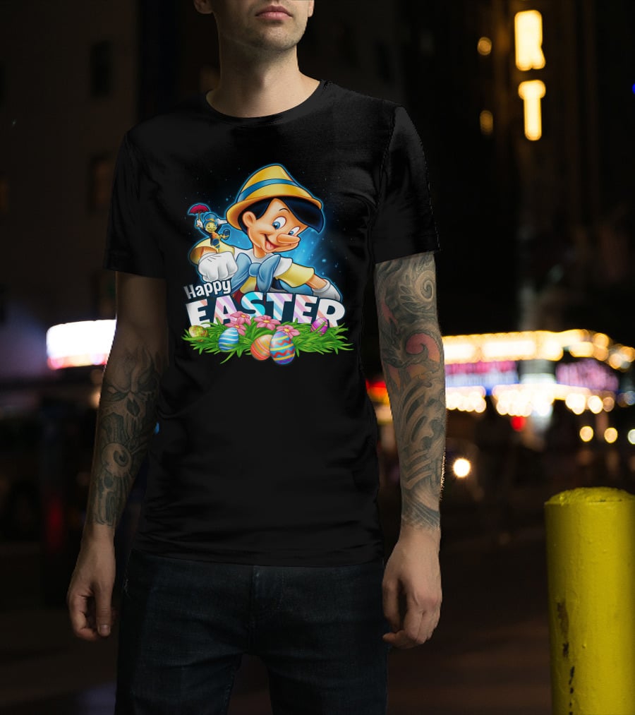 Pinocchio Happy Easter Colorful Eggs And Jiminy Cricket T-Shirt