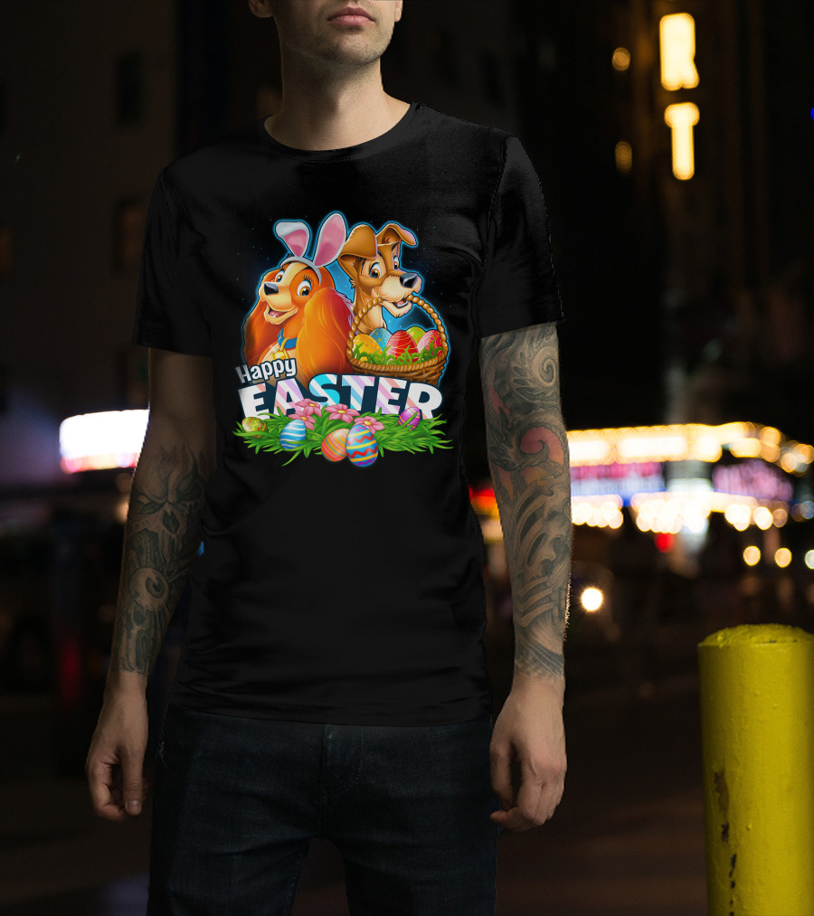 Happy Easter Lady And The Tramp With Easter Eggs And Bunny Ears T-Shirt